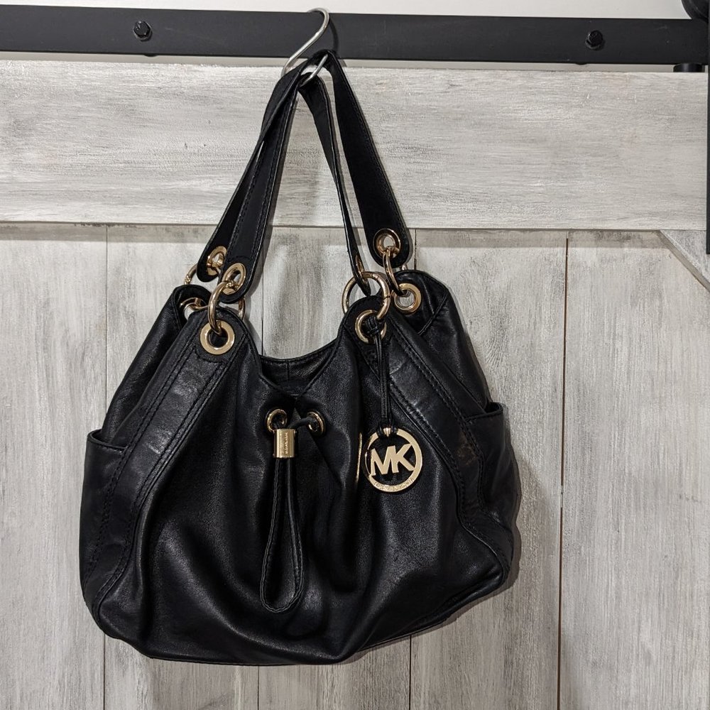 Michael Kors Black Leather Drawstring Hobo Bag